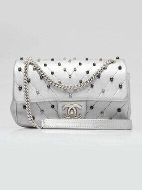 Chanel Silver Chevron Quilted Leather Studded Rectangular Mini Flap Bag